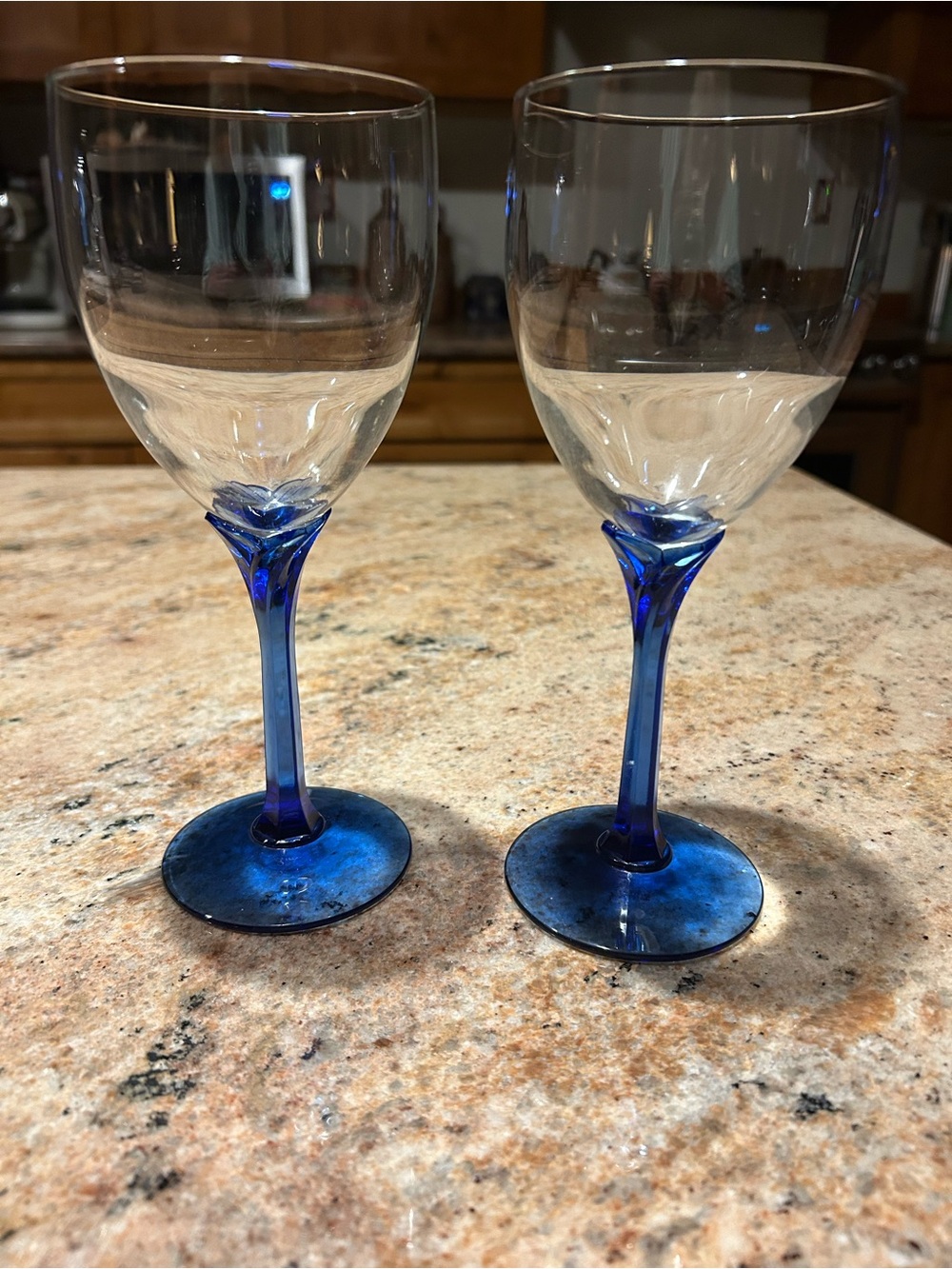 Pair of Libby Glass “Domaine Blue” Wine Goblets Cobalt Stem Tulip base Vintage